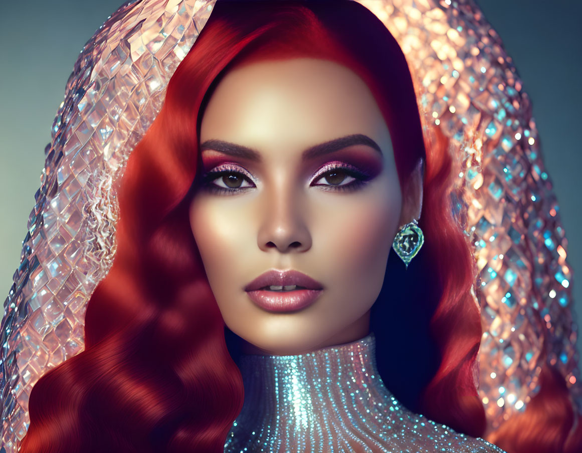 Vibrant red hair, pink eyeshadow, silver outfit, emerald earring.