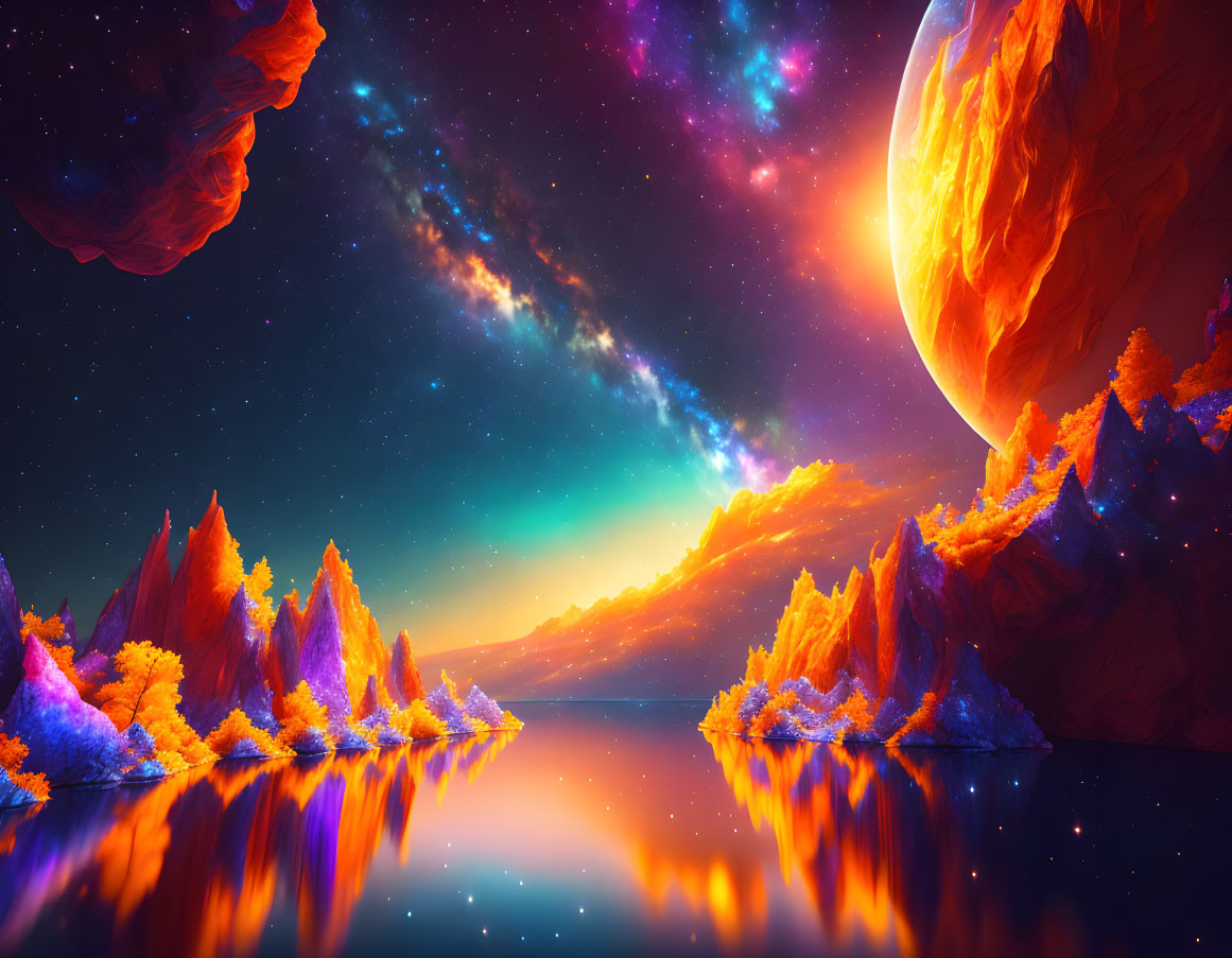 Colorful fantasy landscape with glowing trees and alien terrain