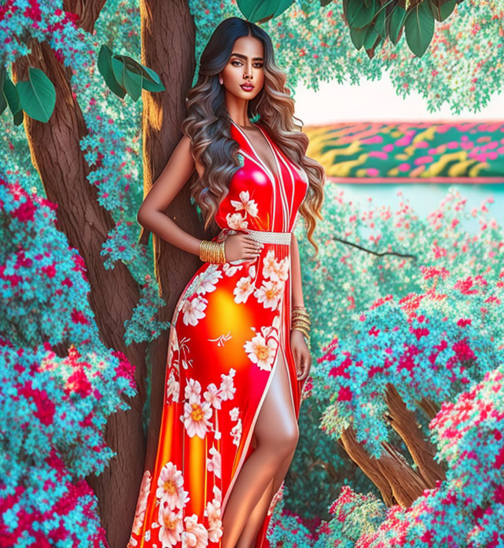 Woman in Red Floral Dress Poses by Tree with Greenery