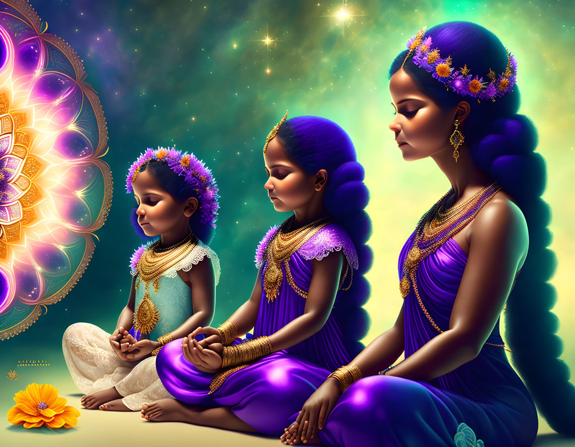 Three women in traditional Indian attire meditating with ornate headpieces in cosmic background.