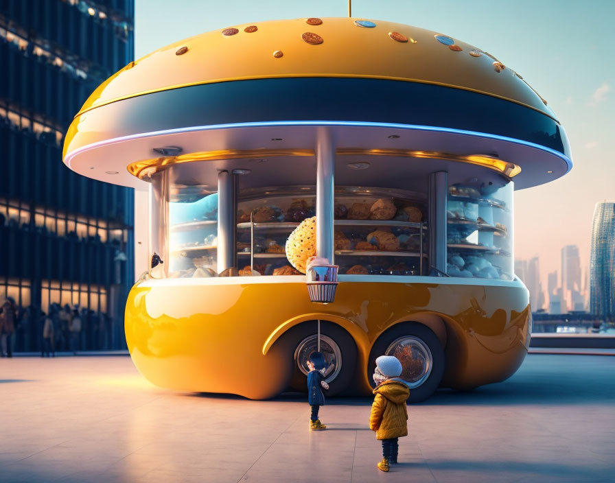 Children in yellow coats at whimsical hamburger-shaped building at dusk