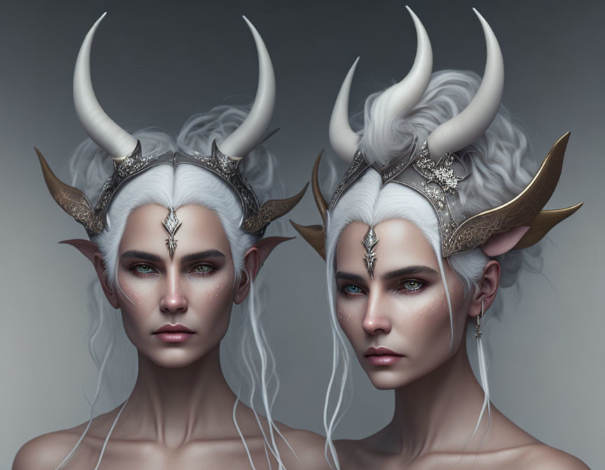 Fantasy characters with pale skin, white hair, blue eyes, and horns in silver jewelry