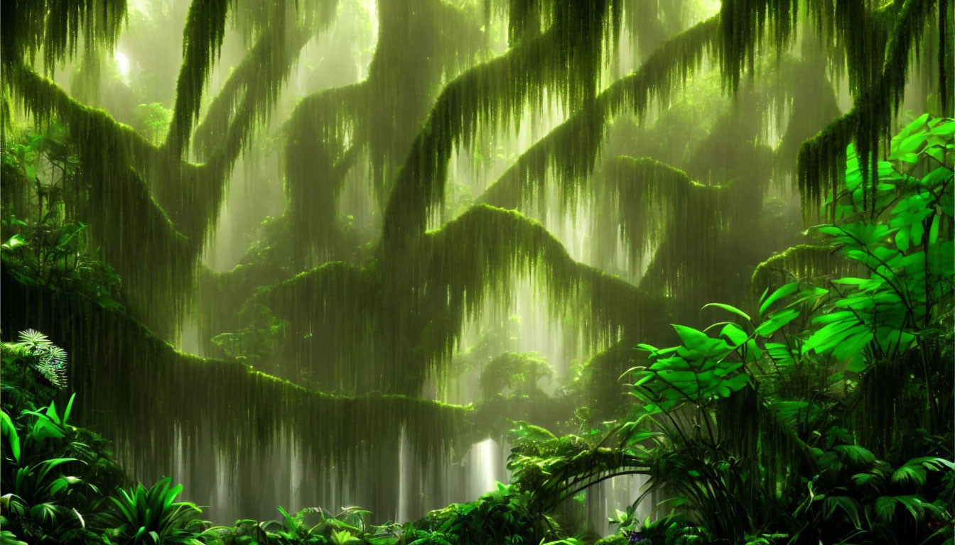 Lush Green Forest with Sunlight Filtering Through Foliage