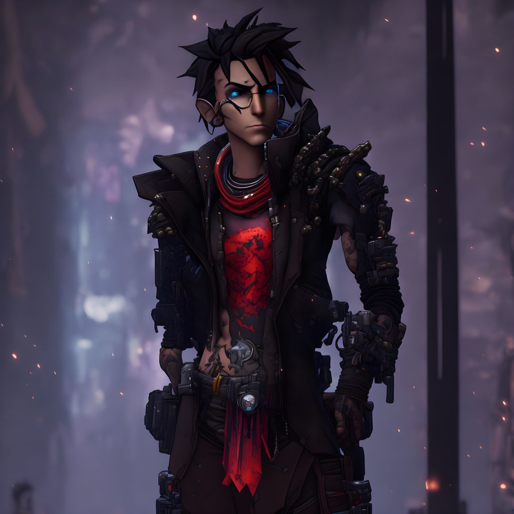 Spiky-Haired Animated Character in Leather Jacket and Gloves Amid Fiery Mist