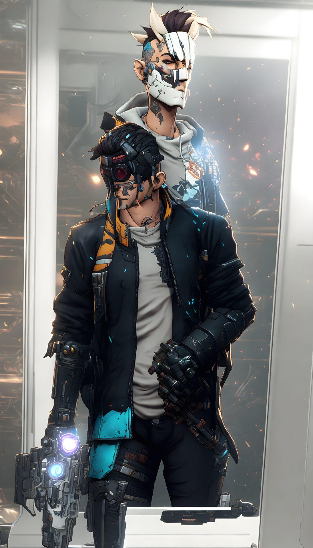 Cybernetic character with high-tech gun and goggles, another figure in background