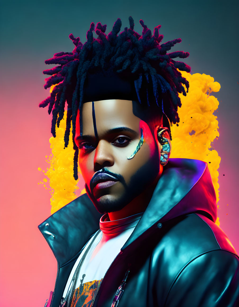 Colorful portrait of man with dreadlocks and painted face in vibrant setting