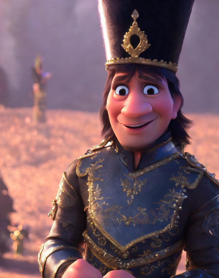 Smiling animated character in royal guard uniform with large plumed hat in golden light