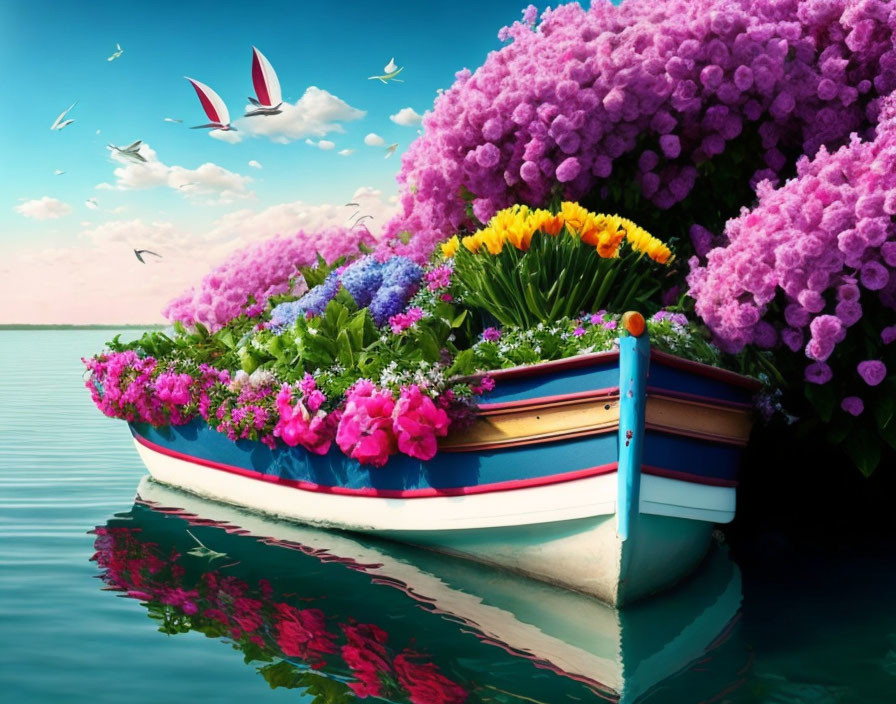 Colorful Flowers Adorn Boat on Serene Lake