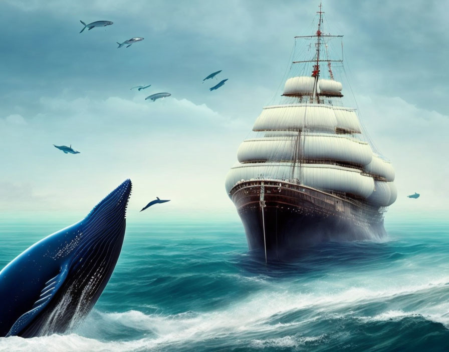 Sailing ship with white sails in turbulent seas with birds and blue whale