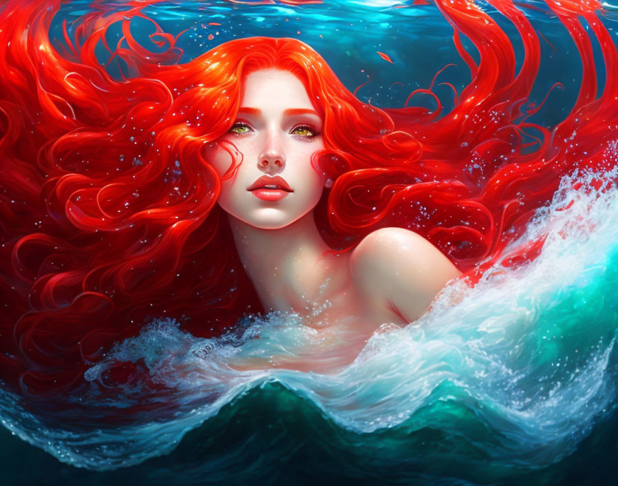 Vivid artwork: Woman with fiery red hair in blue water