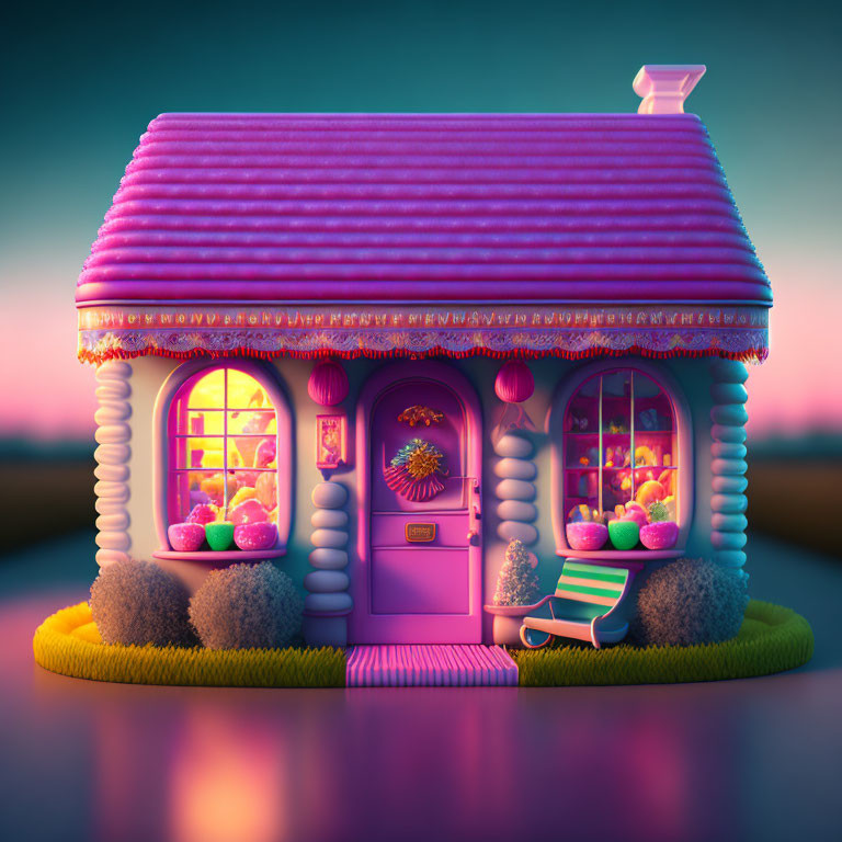 Colorful Pink House with Decorative Lighting and Sunset Backdrop