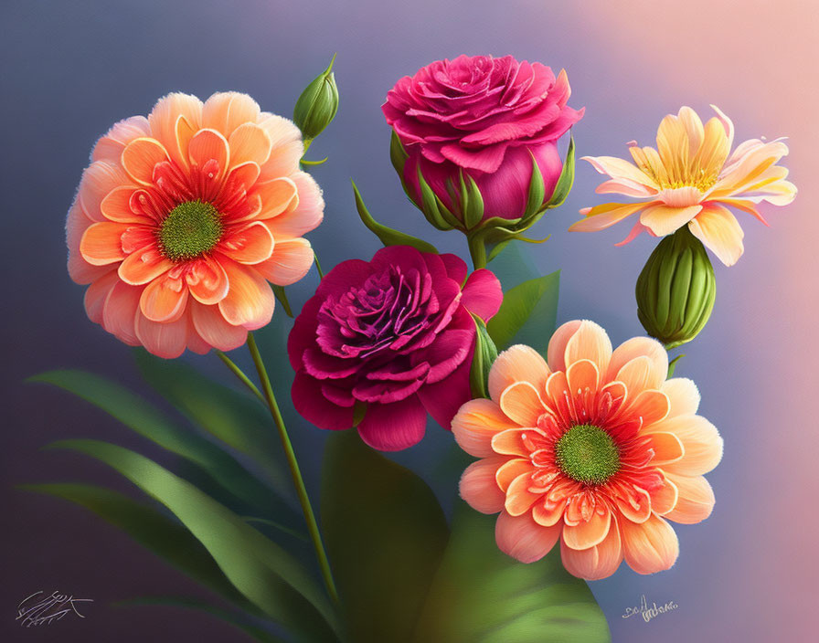 Colorful Flower Artwork Featuring Orange Blooms and Pink Peony