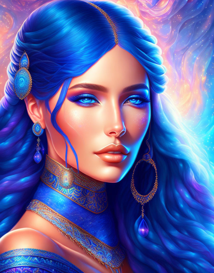 Vibrant Blue Hair Woman Portrait in Cosmic Setting