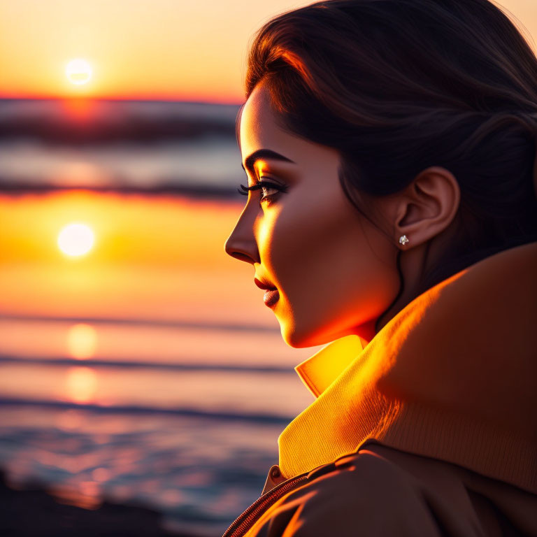 Woman Gazing at Sunset Over Ocean with Warm Light on Face