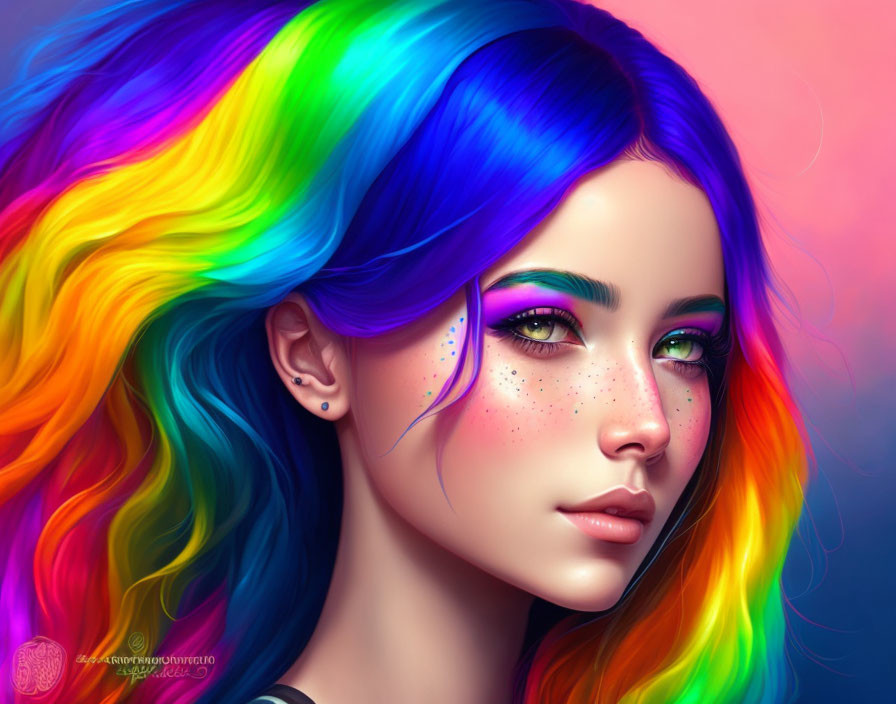 Colorful portrait of a woman with rainbow hair and green eyes