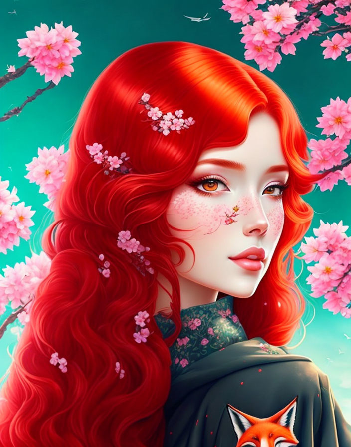 Illustration of woman with red hair, pink blossoms, green outfit, and fox.