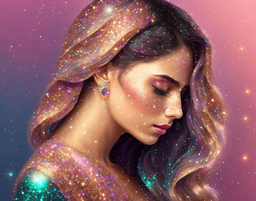 Illustration of woman with sparkles in hair on starry cosmic background