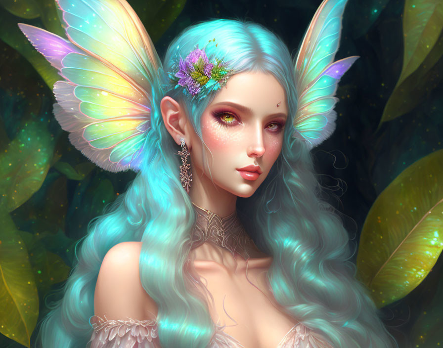 Fantasy illustration of woman with blue hair and butterfly wings in lush greenery