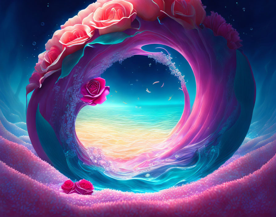 Stylized wave portal with roses in twilight sky