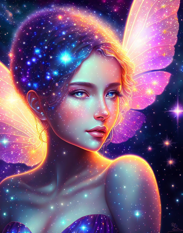 Ethereal female figure with butterfly wings in cosmic setting