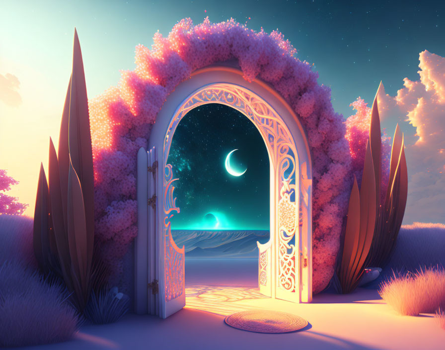 Ornate door with pink flowers under night sky