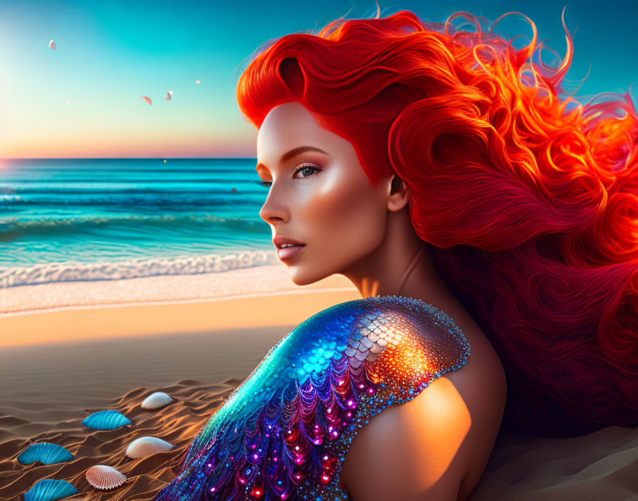 Illustration: Woman with Red Hair and Sequined Garment on Beach at Sunset