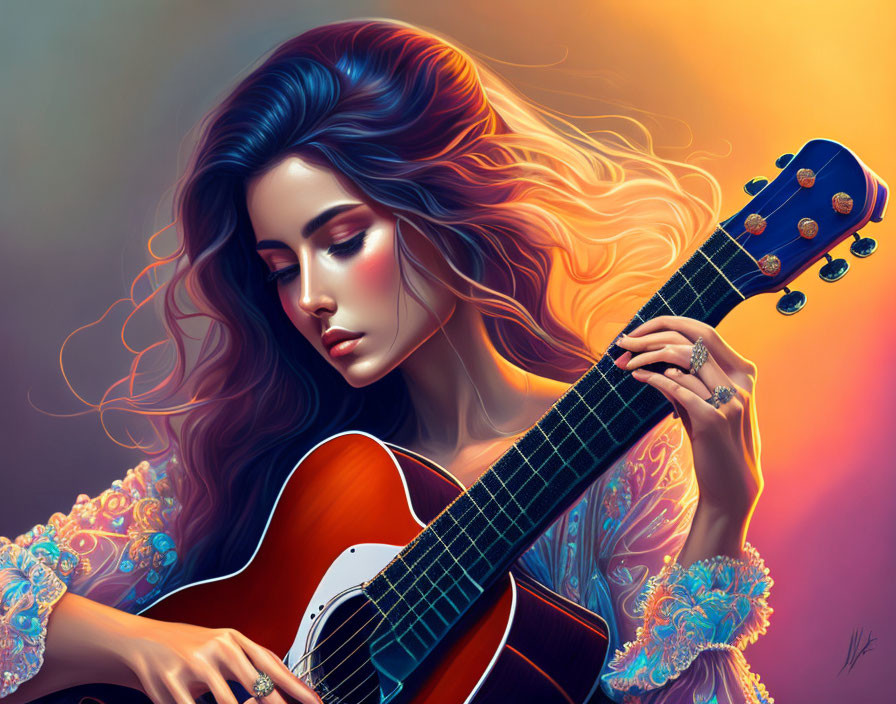 Digital artwork of woman playing acoustic guitar with flowing hair in colorful outfit