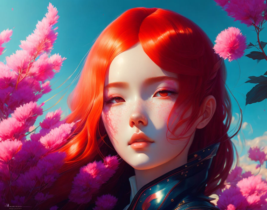 Digital Artwork: Woman with Red Hair and Pink Flowers on Blue Sky