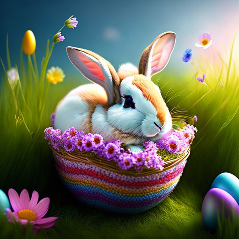 Colorful Easter Bunny Illustration with Eggs and Flowers on Blue Background