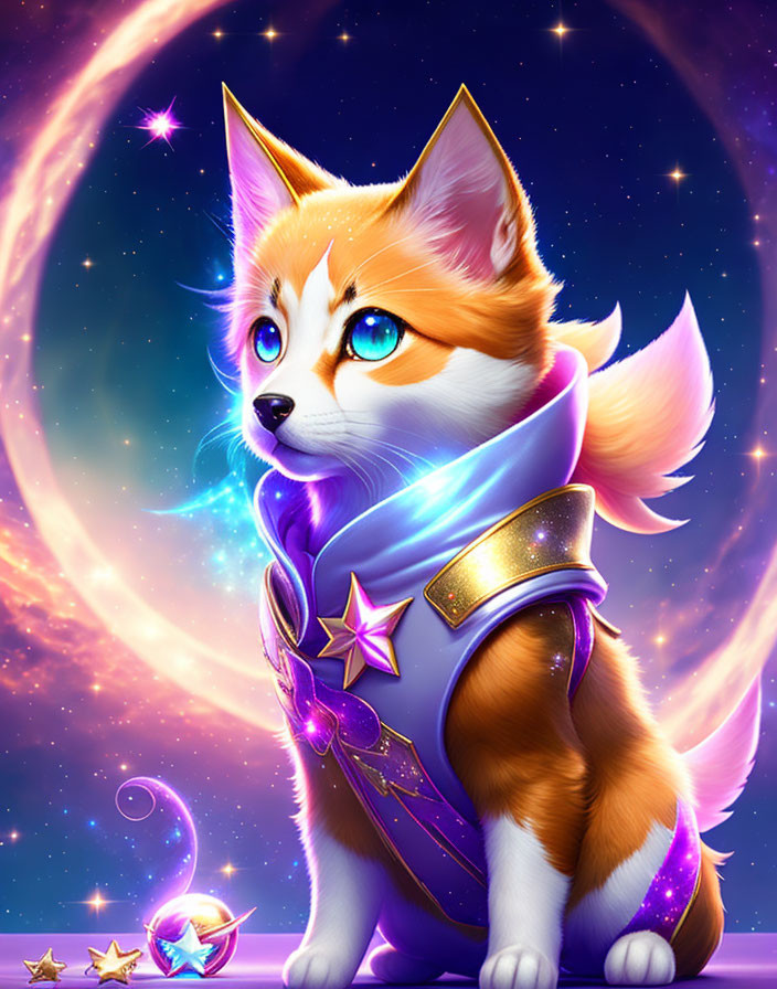 Anthropomorphic corgi in cosmic outfit against vibrant galactic backdrop