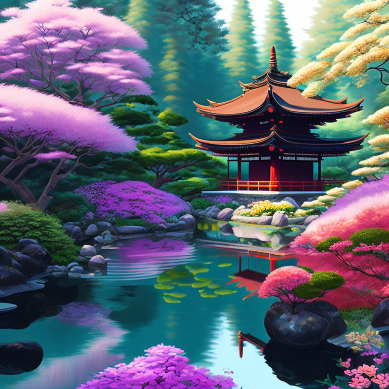 Tranquil Oriental temple surrounded by colorful trees and reflective pond