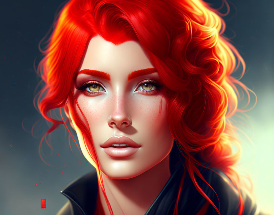 Colorful digital portrait of a woman with red hair and amber eyes on gray background