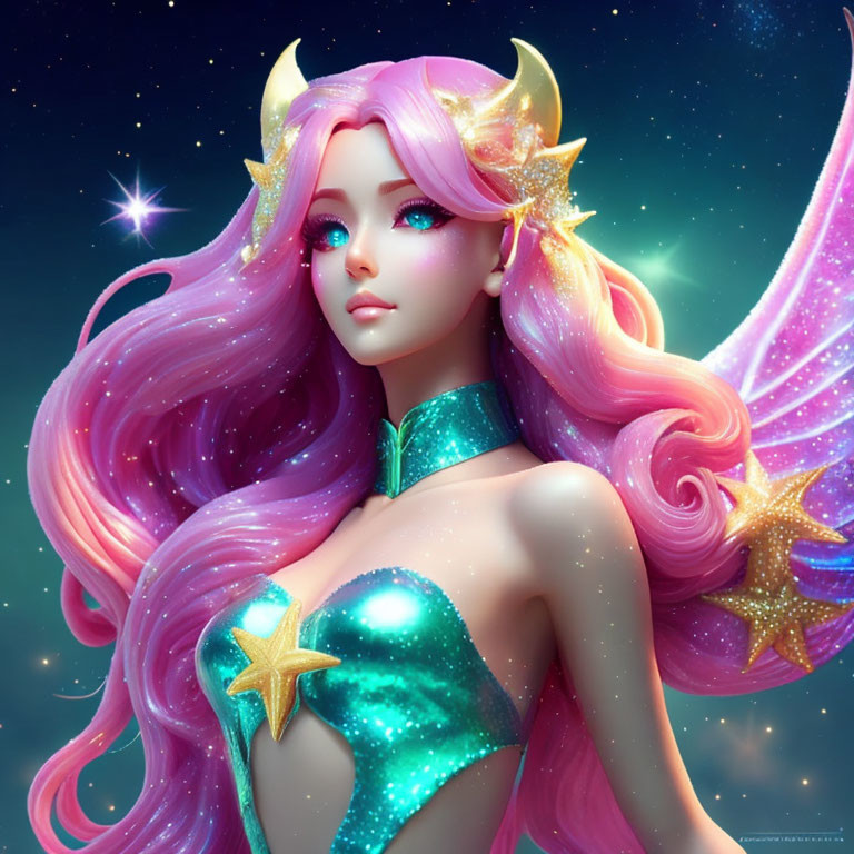 Fantastical female character with pink hair, starry horn accents, and butterfly wings in starry