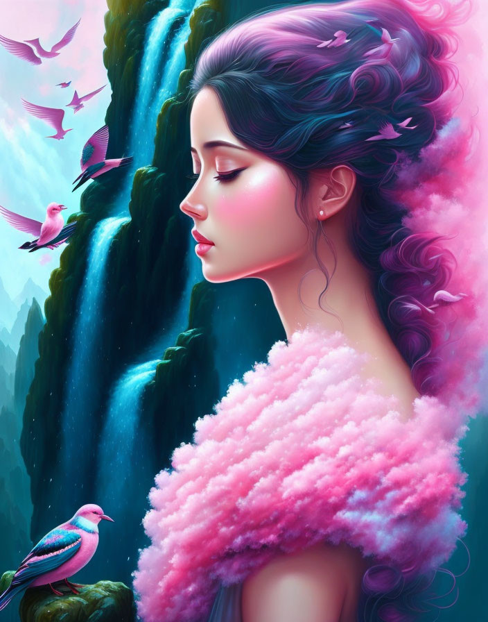 Illustration of woman with pink feathers and birds in lush greenery.