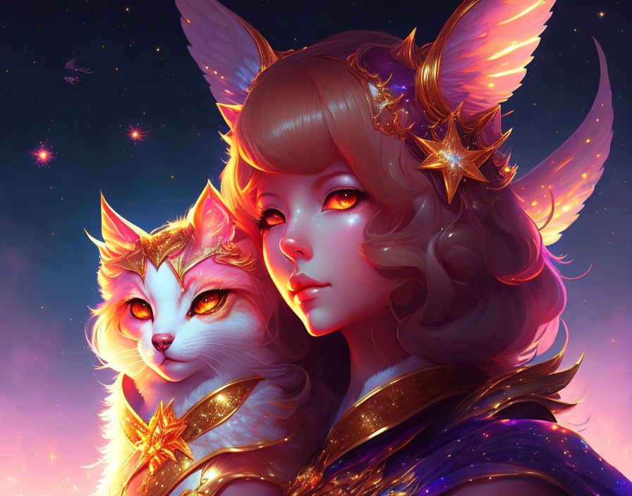 Golden-haired girl and cat with celestial accessories illustration.