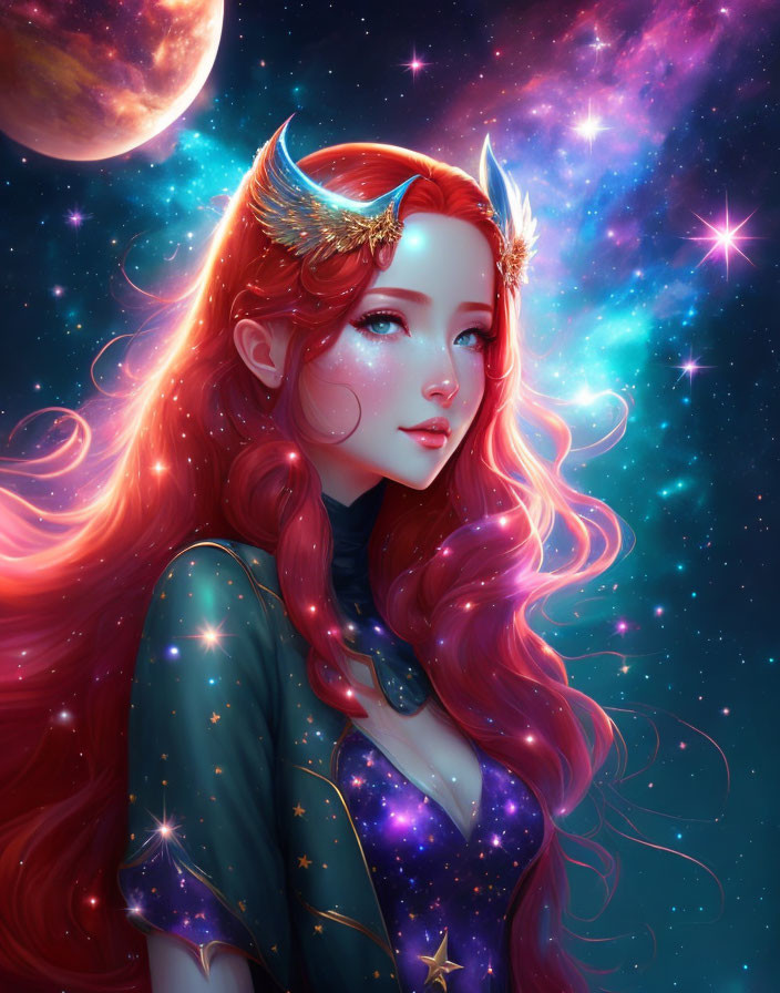 Fantasy illustration of woman with red hair and golden horns against cosmic backdrop