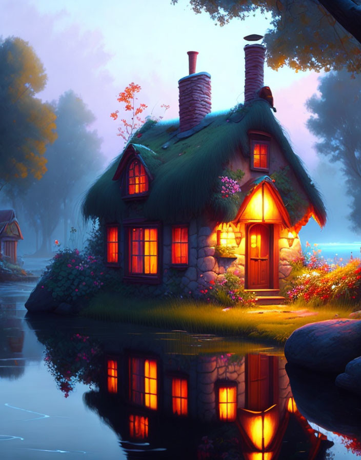 Cozy cottage in serene twilight setting with glowing windows