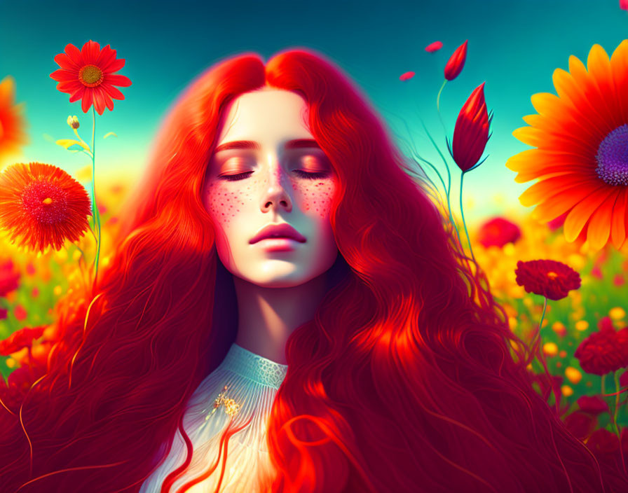 Illustration of woman with red hair and freckles among red and orange flowers on blue background