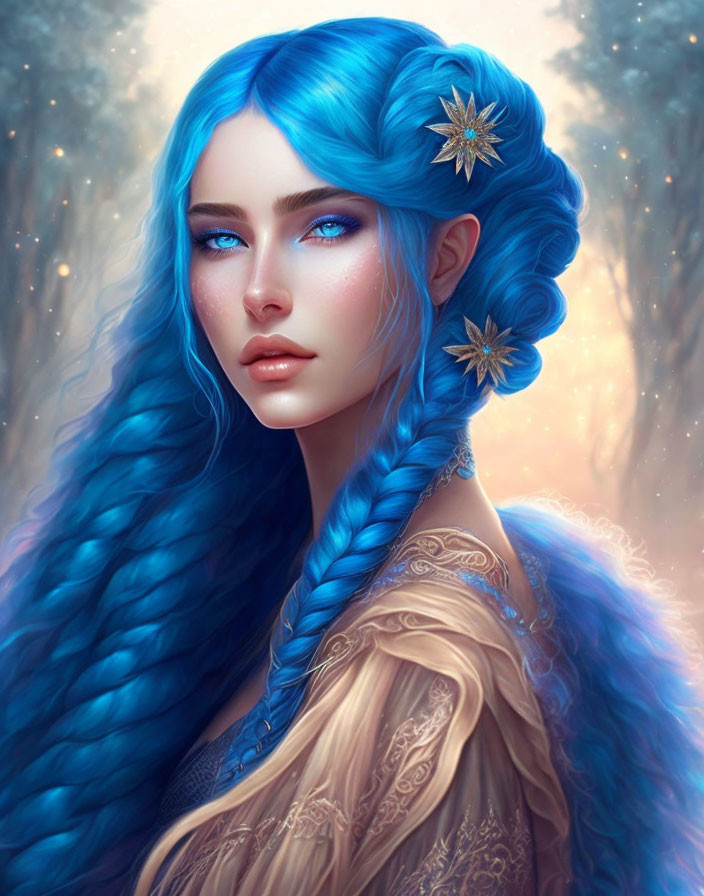 Vibrant blue-haired woman with star accessories in detailed beige dress