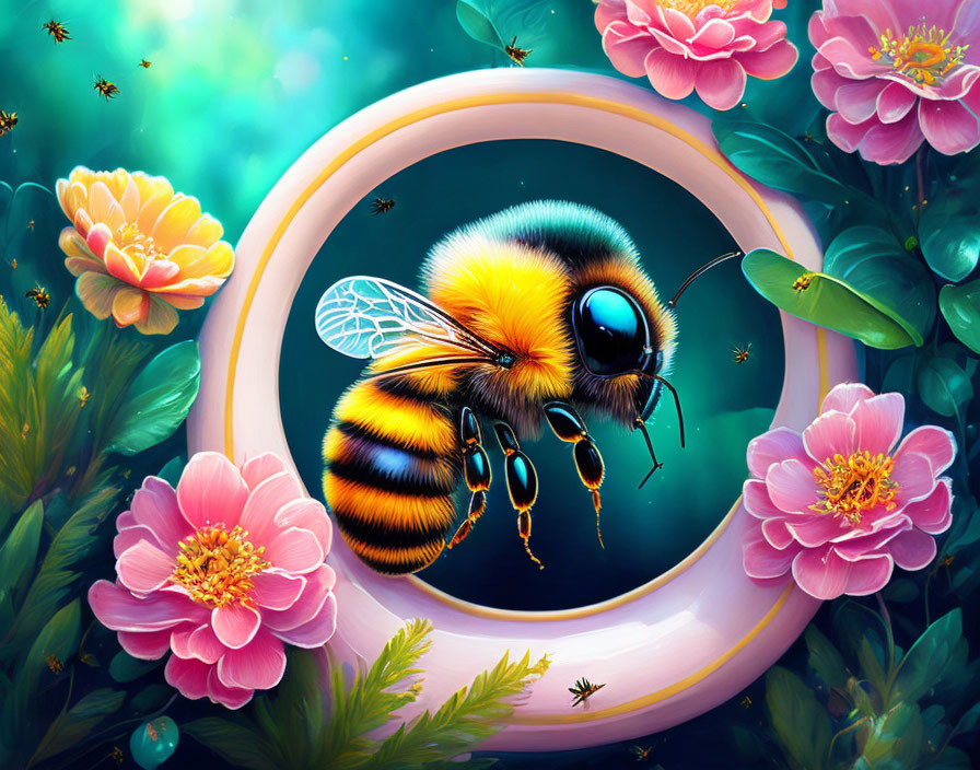 Colorful Digital Art: Oversized Bumblebee Surrounded by Flowers