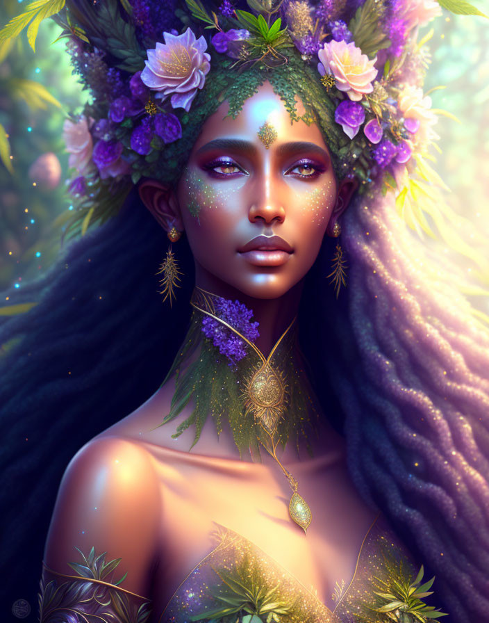 Fantasy figure with violet eyes and floral crown in digital artwork