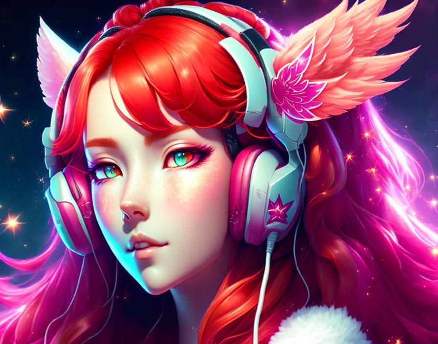 Colorful illustration of female with red hair, headphones, pink tones, starry effects, and feather