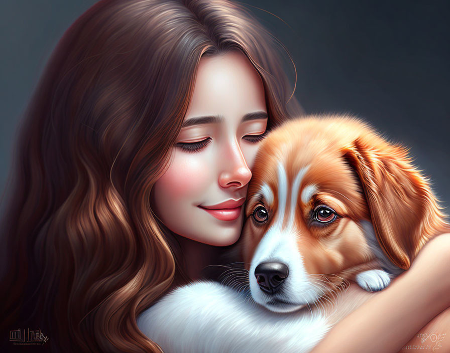 Woman with Long Brown Hair Embracing Brown and White Dog