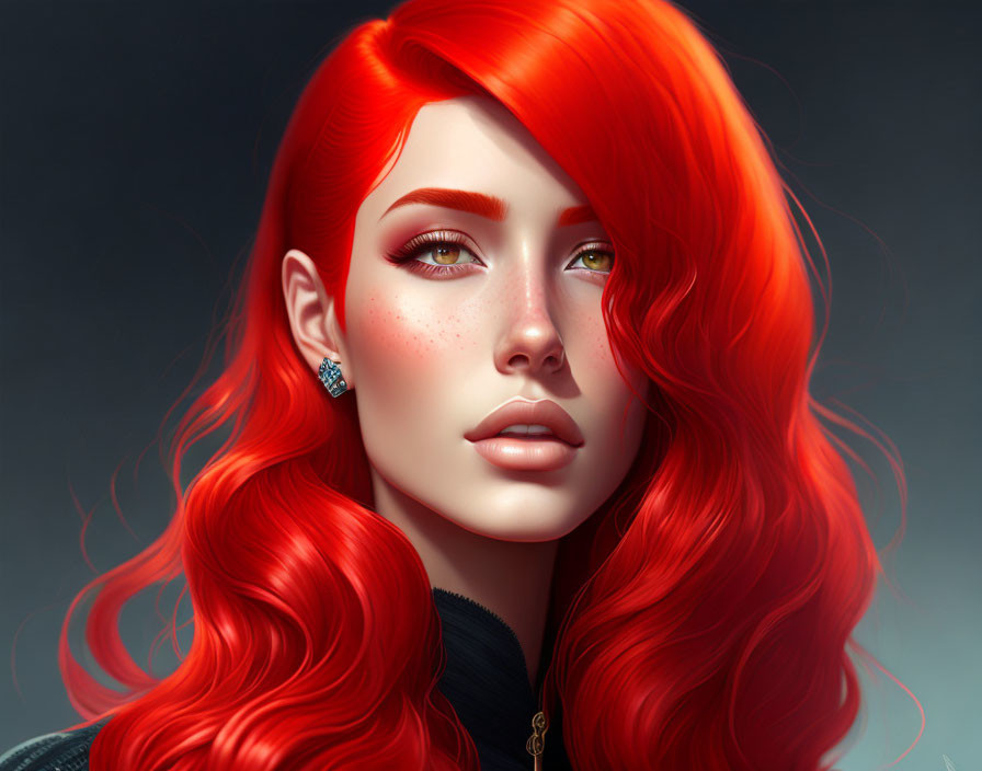 Vibrant red hair woman portrait with freckles and black top