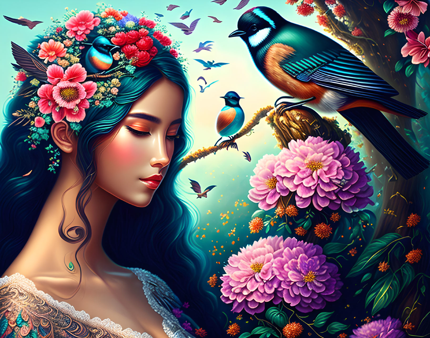 Woman with floral headpiece, vibrant flowers, and colorful birds in lush setting