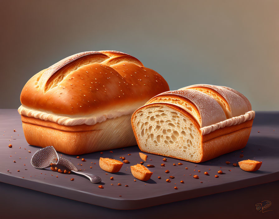 Realistic digital artwork of sliced bread loaves on wooden surface