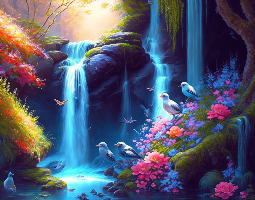 Vibrant digital artwork: mystical waterfall, lush foliage, radiant flowers, birds, sunlight rays