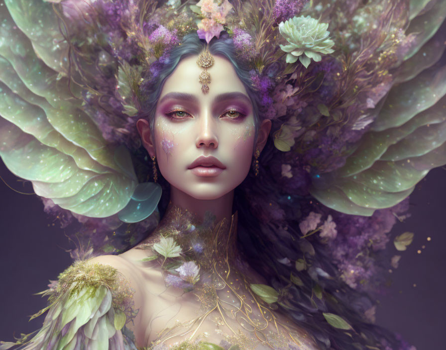 Fantastical portrait of a female entity with butterfly wings and golden adornments