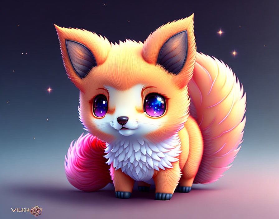 Illustrated orange fox with sparkling eyes and fluffy tail on starry background