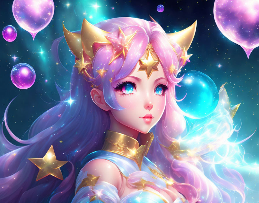 Illustrated character with pink hair and celestial motifs in deep space setting